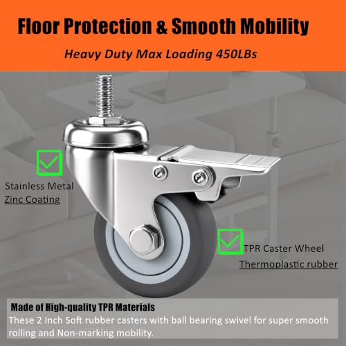RILIDRI M8 Casters, 2 Inch Threaded m8-1.25 Caster Wheels with Locking Brakes, Set of 4 TPR Swivel Wheel for Standing Desk, 1KEA Carts, Rolling Cabinet - size: M8x15