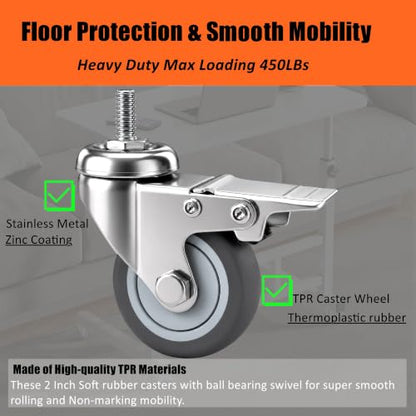 RILIDRI M8 Casters, 2 Inch Threaded m8-1.25 Caster Wheels with Locking Brakes, Set of 4 TPR Swivel Wheel for Standing Desk, 1KEA Carts, Rolling Cabinet - size: M8x15
