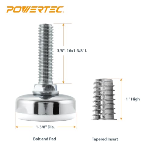 POWERTEC Threaded Leveling Feet 8PK with 3/8"-16 Threaded Inserts, Heavy Duty Adjustable Furniture Levelers with Large Nylon Foot for Cabinets, Benches, Tables & More (71189-P2) - size: Leveling Feet Insert, Set of 8