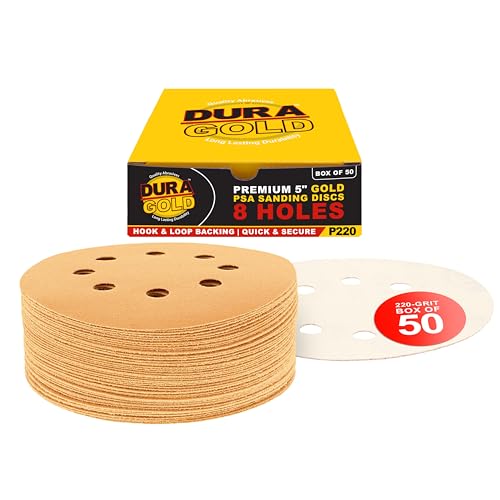 Dura-Gold 5" Gold Sanding Discs, 220 Grit, Box of 50, 8 Hole Pattern, H & L - size: 220-Grit - Gold