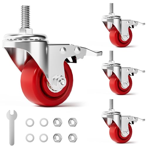 Caster Wheels, Threaded Stem Casters Set of 4 Heavy Duty,1/2"-16 x 1(Stem Diameter 1/2", Length 1"), Dual Locking Caster, Industrial Castor Wheels for Furniture,Carts - color: Silver-Red