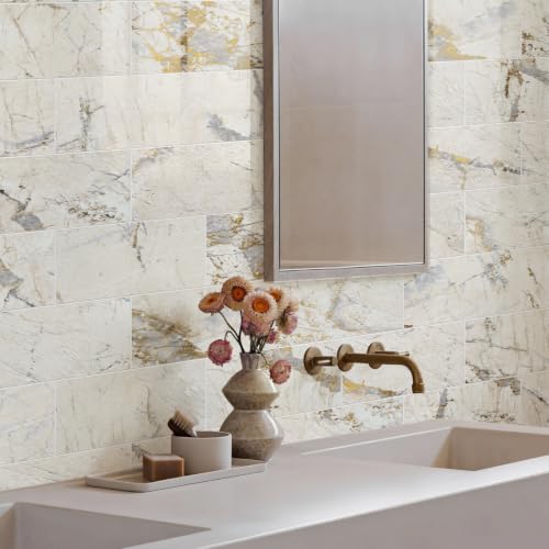 Vamos Tile Peel & Stick Backsplash on Subway Tile,22-Pack 6''x12'',Glossy - color: Gold Veining Pandora Marble with White Grout