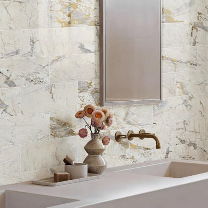 Vamos Tile Peel & Stick Backsplash on Subway Tile,22-Pack 6''x12'',Glossy - color: Gold Veining Pandora Marble with White Grout