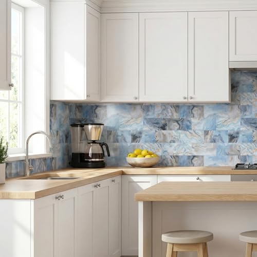 32 Sheets Blue Onyx Marble Look Peel & Stick Subway Tile 4"x8" - color: Blue Onyx Marble, size: 32 Pcs 4" x 8" x 0.07"