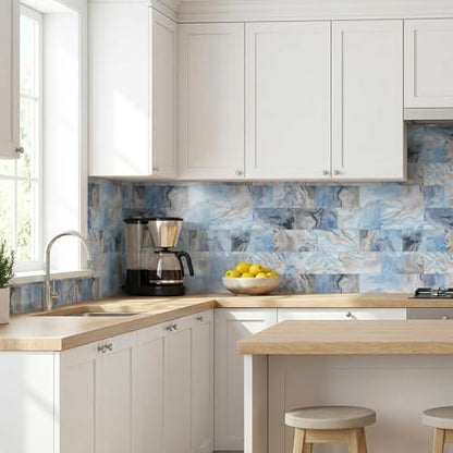 4 Sheets Blue Onyx Marble Look Peel & Stick Subway Tile 4"x8" - color: Blue Onyx Marble, size: 4 Pcs 4" x 8" x 0.07"