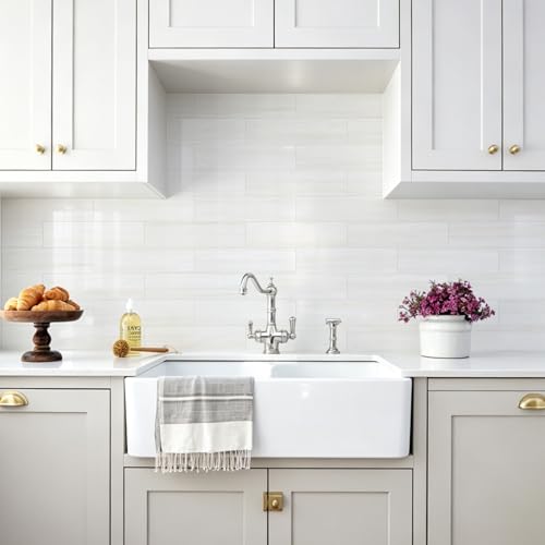 Vamos Tile Peel and Stick Backsplash, Glossy 40-Piece 3''x12'' Subway Tile - color: Dolomite White with White Grout