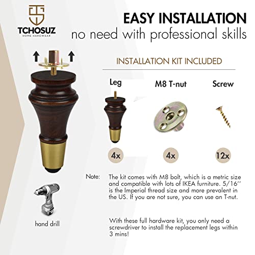 6 inch Solid Wood Furniture Spool Legs with Gold Caps, 4PCS Wenge - color: Wenge, size: 6"/ 15cm