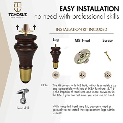 6 inch Solid Wood Furniture Spool Legs with Gold Caps, 4PCS Wenge - color: Wenge, size: 6"/ 15cm
