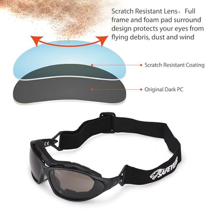 SAFEYEAR Safety Glasses Anti Fog Scratch Resistant ANSI Z87.1 CE Protective Eyewear with Foam Gasket Adjustable Strap - color: Smoke Lens
