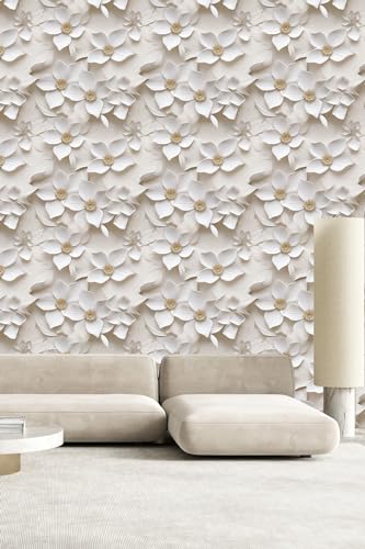 Peel and Stick Wallpaper Cream White Floral Feature - color: Cream&yellow, size: 17.7" x 393.7"