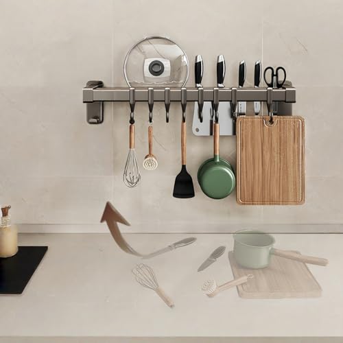 【No-Drill Adhesive for Kitchen】Utensil Rail with 8 Sliding Hooks – 11.8/15.75/19.69 Inch Rustproof Organizer for Pots, Lids & Tools, Scratch-Free Holder for Small Kitchens, Peel Off Without Damage - size: 15.75inch(40cm)