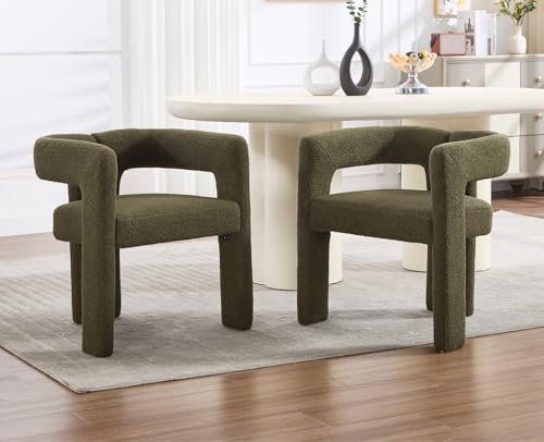 EALSON Modern Barrel Dining Chairs Set of 2 Upholstered Boucle Kitchen Chairs with Open Back and Arms Comfortable Sherpa Accent Chairs Side Chairs for Dining Room/Living Room, Green - color: Green, size: 2 PCS