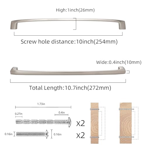 COTYKILEY 10 Pack 10Inch(254mm) Brushed Satin Nickel Kitchen Cabinet Handles Silver Cabinet Pulls Cabinet Door Handles Kitchen Cabinet Hardware - color: Brushed Satin Nickel, size: 10" Hole Center（254MM）