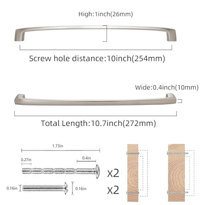 COTYKILEY 10 Pack 10Inch(254mm) Brushed Satin Nickel Kitchen Cabinet Handles Silver Cabinet Pulls Cabinet Door Handles Kitchen Cabinet Hardware - color: Brushed Satin Nickel, size: 10" Hole Center（254MM）