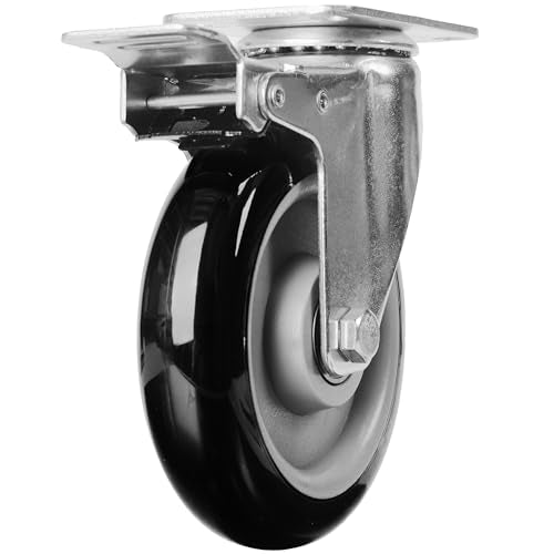 Finnhomy 5 Inch Heavy Duty Plate Swivel Casters Set of 4 With Brake - PU Wheels for Furniture/Workbench, Industrial Locking, Load 3000 Lbs, Anti-wear Smooth Black (Free Screws) - style: 5" (with Brake)