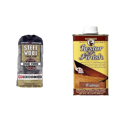 Homax 10120000 Steel Wool, 12 pad, Grade #0000, Rhodes American, Final Finish & Howard RF8 Products Restor-A-Finish, 8 oz, Walnut, 8 Fluid Ounces - color: Steel, size: 12 Pad, style: 0000- Super Fine Grade
