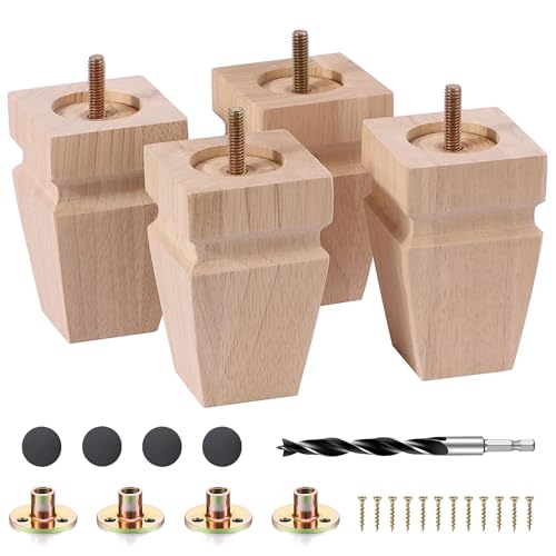 Unfinished Oak Sofa Legs - Heavy Duty Mid Century Solid Wood Replacement Furniture Legs Set of 4 for Couch, Table, Bench, Bed, Dresser, Chair - with Installation Hardware (Natural 4"H*2.75"W) - color: Plain Wood Color, size: 4"H*2.75"W