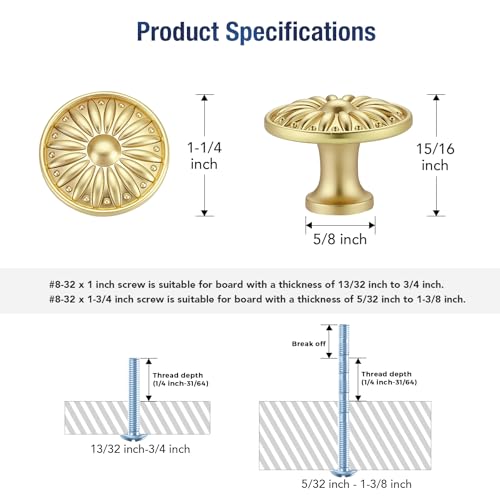 Brushed Gold Cabinet Knobs Rosette Drawer Knobs 1-1/4 Inch 10 Pack - color: Brushed Gold