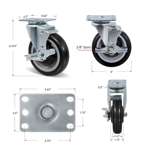 5" Caster Wheels, Heavy Duty Industrial Casters, Polyurethane Shopping Cart Wheels Replacement for Cart, Each Caster Loads 350lbs (12 Brake) - style: 12 Brake