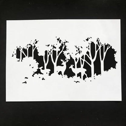 TIAMECH A4 Reusable Rustic Winter Forest Reindeer Stencil for Painting - style: Reusable Rustic Winter Forest