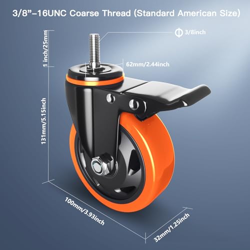 4" Stem Caster Set of 4 Heavy Duty 3/8" Threaded Mount Casters Wheels - color: Orange, size: 4in(3/8"-16)