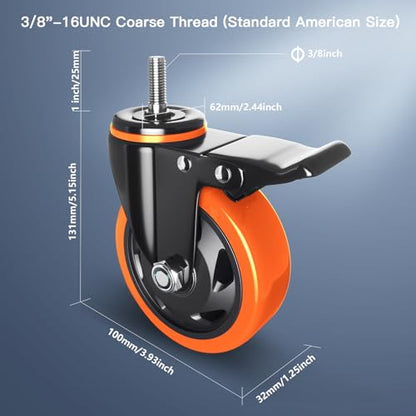 4" Stem Caster Set of 4 Heavy Duty 3/8" Threaded Mount Casters Wheels - color: Orange, size: 4in(3/8"-16)