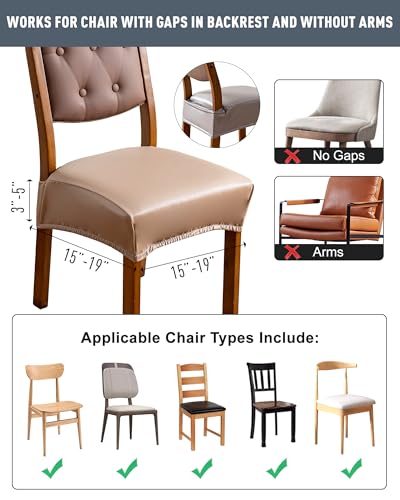 Genina Dining Chair Covers Set of 6, Waterproof PU Leather Dining Seat Covers Stretch Wipeable Dining Room Seat Cover Kitchen Chair Slipcover Protector (Rear-Covered Design, Khaki) - color: Khaki, size: Rear-Covered 6PCS