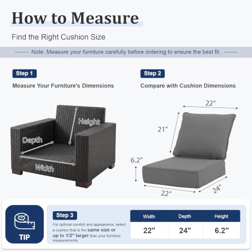 ZCUBED Luxury 6.2" Thick Outdoor Chair Cushions 2 Set - 22 x24 Inch 30D Sponge Filling Fade-Resistant Chair Cushion, Water Resistant & Removable Cover Patio Furniture Replacement Cushion - color: Grey, size: 22"x24" Extra Thick