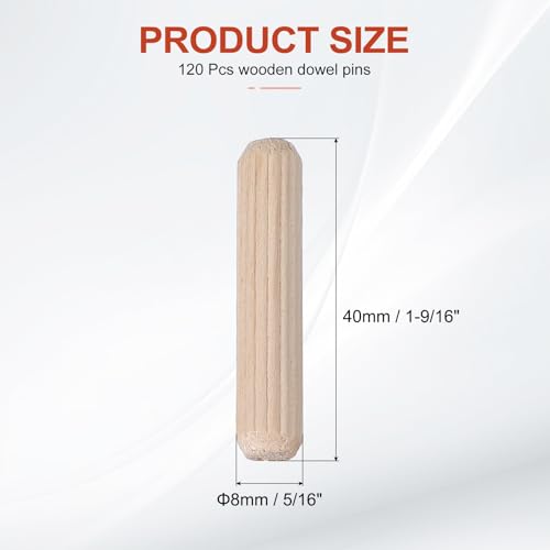 MECCANIXITY Wooden Dowel Pins 5/16" x 1-9/16" (8mm x 40mm) Straight Dowel Rods Wood Fluted Dowels Rods for Crafts Furniture DIY Hardwood Count 120 - size: 5/16" x 1-9/16"