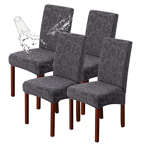 Waterproof Dining Room Chair Covers, Stretch Parsons Chair Slipcovers - color: Flower Pattern-dark Gray, size: Large-4 Pack