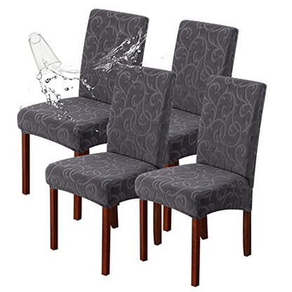 Waterproof Dining Room Chair Covers, Stretch Parsons Chair Slipcovers - color: Flower Pattern-dark Gray, size: Large-4 Pack