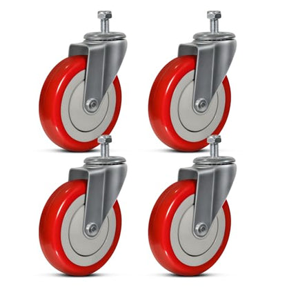 5'' Stem Caster Wheels, Replacement Polyurethane Shopping Cart Wheels for Cart, Heavy Duty Swivel Industrial Casters Set of 4 with Load 1400lbs (4 Swivel) - style: 5 inch Red