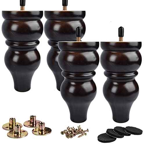 La Vane 6 inch Solid Wood Turned Furniture Legs with M8 Bolts,Black,4PCS