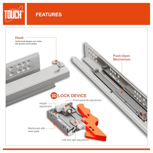 Undermount Drawer Slides 18 Inch, Push-Open, for 1/2 and 5/8 Inch Drawer Panels, 1 Pair, Concealed Bottom Mount, 75 lb Capacity, 3D Adjustable, Cold-Rolled Steel - color: PUSH-OPEN, size: 18 Inch