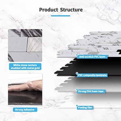Art3d Faux Stone Peel & Stick Backsplash Tile, 10 pcs, Plain White Marble - color: White Slate with Silver Studded, size: 13.4" x 11.8"
