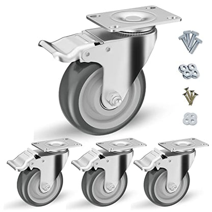 4" Swivel Plate Casters with Brake - Set of 4 - color: Grey, size: 4 inch