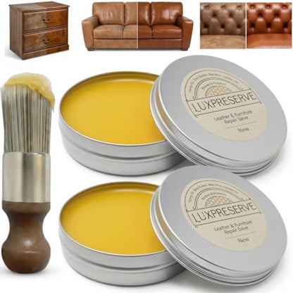 2 Pack Leather Furniture Salve & Brush Set, Maintain Leather & Wood, Helps Keep Soft & Smooth for Sofas, Car Seats, Bags, Shoes (2 Sets)