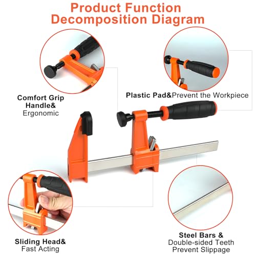 Bar Clamps for Woodworking, 4 Pack 6 Inch F Clamp Set, Quick Release - color: Orange
