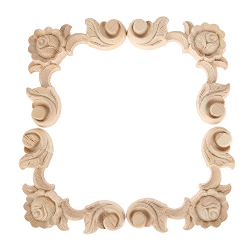Rose Carved Appliques Onlays, 4Pcs Unpainted Wood Carvings Decals - size: 9x9cm/3.54"x3.54"