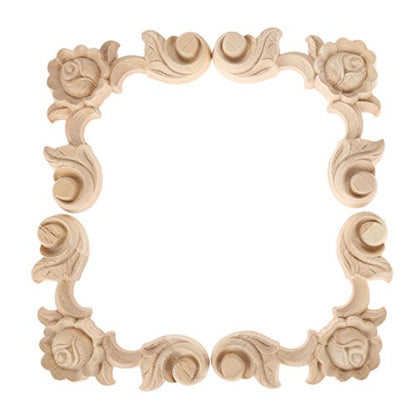 Rose Carved Appliques Onlays, 4Pcs Unpainted Wood Carvings Decals - size: 9x9cm/3.54"x3.54"