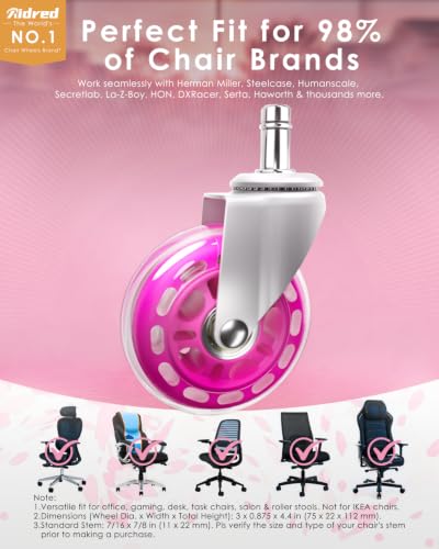 RidRed Office Chair Wheels - Replacement Rubber Wheels - Universal Fit 3 Inch Casters, Heavy-Duty Chair Casters, Noise Free, Fits 98% Chair, for All Floor (5) - color: Pink