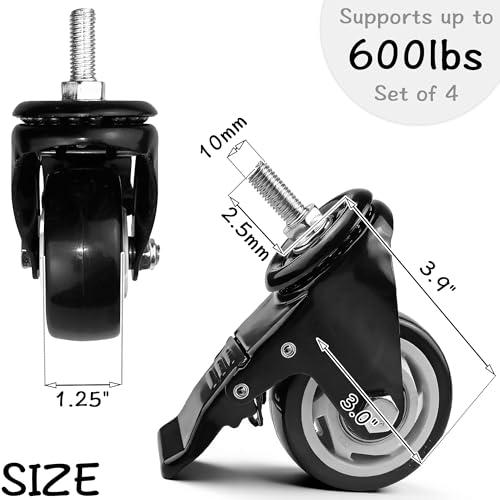 Stem Caster Wheels 3inch Locking Casters Set of 8 Metric M10 25mm Threaded - size: 3Inch x M10 x 25mm