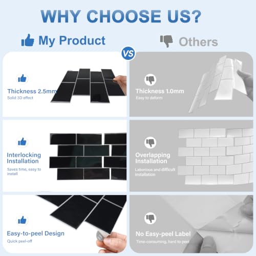 Thicker Design Peel and Stick Wall Tile，Self Adhesive Backsplash Tiles for Kitchen & Bathroom (10 Sheets, Black) - color: Black with Grey Grout