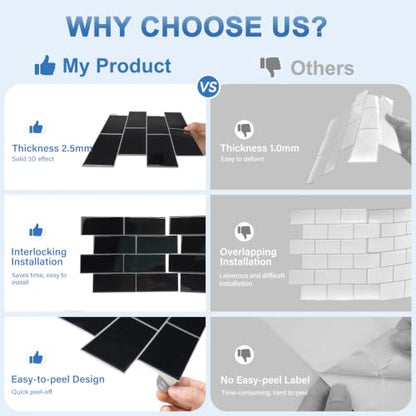 Thicker Design Peel and Stick Wall Tile，Self Adhesive Backsplash Tiles for Kitchen & Bathroom (10 Sheets, Black) - color: Black with Grey Grout