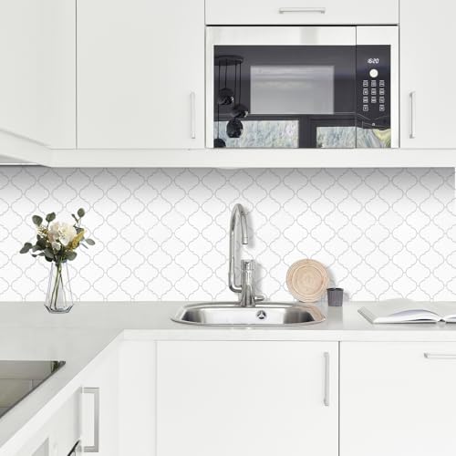 Arabesque Peel and Stick Backsplash for Kitchen, Thicker Design 3D Self Adhesive Wall Tile, 12"x12" Peel and Stick Wall Tiles, 10-Sheet Stick on Tiles for Kitchen and Bathroom (White) - color: White