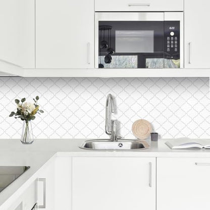 Arabesque Peel and Stick Backsplash for Kitchen, Thicker Design 3D Self Adhesive Wall Tile, 12"x12" Peel and Stick Wall Tiles, 10-Sheet Stick on Tiles for Kitchen and Bathroom (White) - color: White