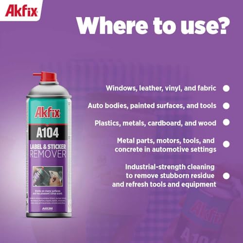 Akfix A104 Sticker Remover Spray - Cleaning Labels on Wood, Glass & Plastic - Safe Decal Remover for Tape, Residue, Gum and Stain Marker, Glue Eraser with Citrus Oil Spray | 6.7 Oz. 12 Pack