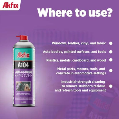 Akfix A104 Sticker Remover Spray - Cleaning Labels on Wood, Glass & Plastic - Safe Decal Remover for Tape, Residue, Gum and Stain Marker, Glue Eraser with Citrus Oil Spray | 6.7 Oz. 12 Pack