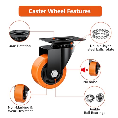 2.5" Swivel Plate Casters Set of 4 Heavy Duty 800 lbs - color: Orange, size: 2.5 Inch Non-Brake