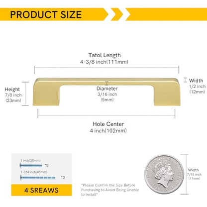 Rergy Cabinet Handles, Brushed Gold Drawer Pulls, 4", 10 Pack - color: Brushed Gold, size: 4"/102MM Hole Center